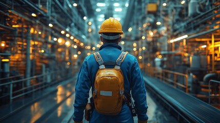 Factory worker in blue coveralls and yellow hard hat overlooking industrial floor
