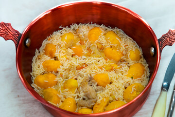 Traditional Brazilian dish chicken with pequi (caryocar brasiliense) and rice