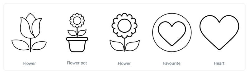 A set of 5 mix icons as flower, flower pot, favorite