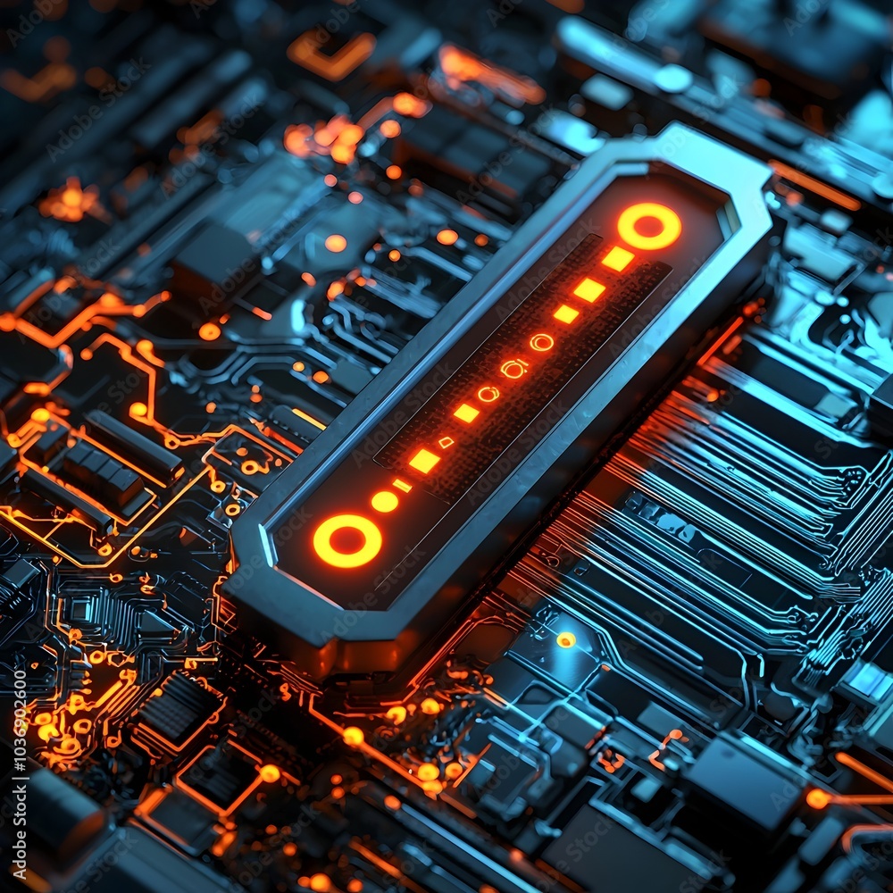 Poster progress bar filling up with digital circuitry representing technological power and capability