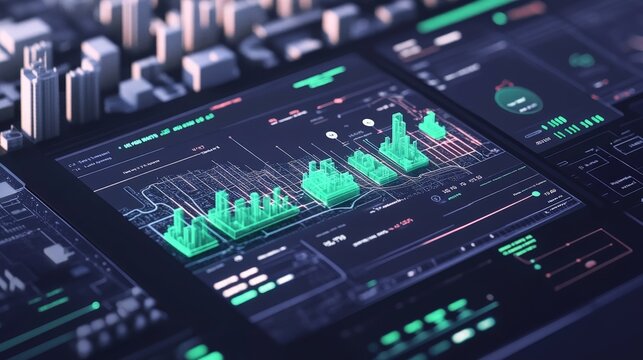 A smart city dashboard showing energy savings and carbon footprint reduction metrics in real time
