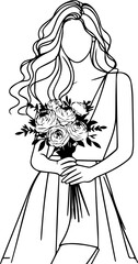 Black Line Art Women Dress Wedding Grab Flower Art Romance Hand Drawn Illustration