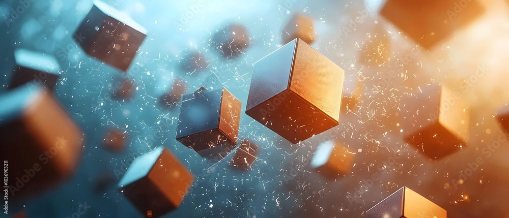 Poster floating metallic cubes in a dreamy blue and orange gradient background create an abstract, futurist