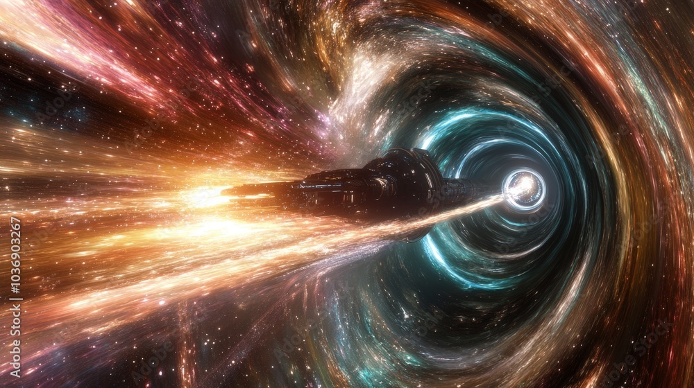 Poster a spaceship entering a wormhole, warping space and time in a mesmerizing display