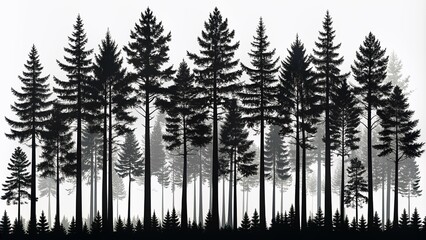 Stylized black pine trees forest silhouette isolated on a pure white background, featuring intricate branches and tall trunks in a serene, monochromatic scene.