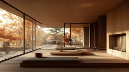 A sophisticated living room featuring an open floor plan, minimalist furniture, and large windows that flood the space with natural light, accented by elegant wooden walls and warm tones.