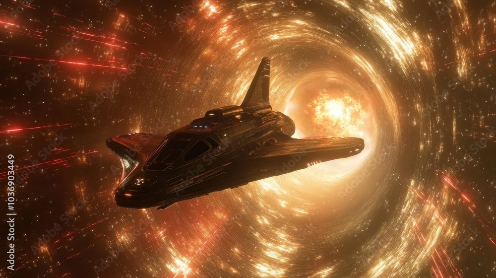 Poster A spaceship entering a wormhole, warping space and time in a mesmerizing display