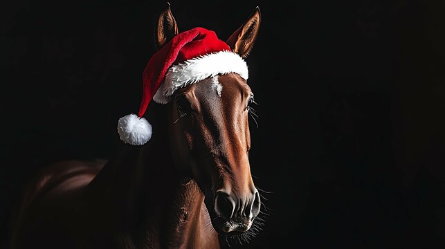 Horse portrait in santa red hat on black background, empty space