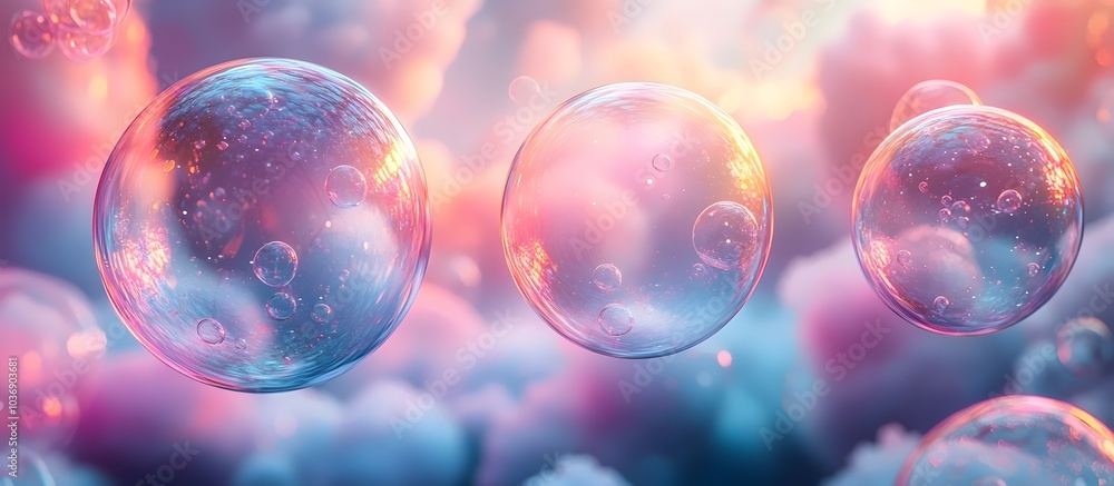 Poster three iridescent soap bubbles float against a dreamy pastel background, creating a whimsical and tra