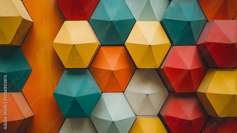 Poster a colorful mosaic tile wall with a variety of colors and shapes. the tiles are arranged in a way tha