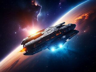 Obraz premium Spaceship in deep spase. intergalactic travel. future in the universe.