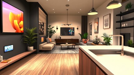 A stylish apartment interior designed with inclusivity in mind, featuring low countertops, wide doorways, and voice-activated home automation for people with mobility challenges.
