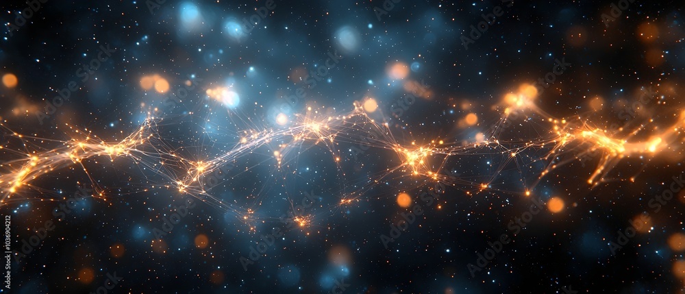 Poster a mesmerizing cosmic scene featuring a luminous network of interconnected nodes against a backdrop o