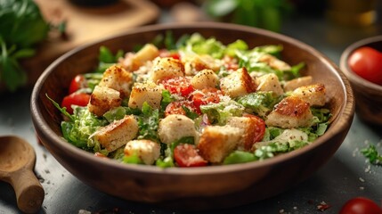 Tasty dish of chicken, bacon bits and shredded cheese tossed in a creamy Caesar dressing.