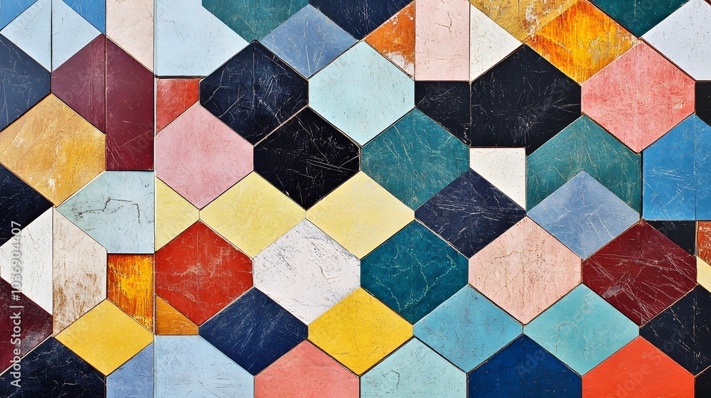 Poster a colorful mosaic tile wall with a variety of colors and shapes. the tiles are arranged in a way tha