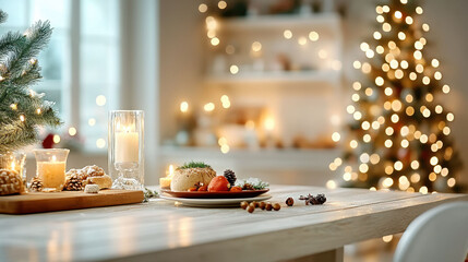 クリスマスツリーとパーティーのテーブル。Generative AI