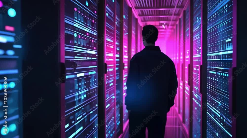 Fototapete Amidst rows of illuminated server racks, an individual stands in a data center, observing the intricate array of wires and technology in the soft purple and blue lights.