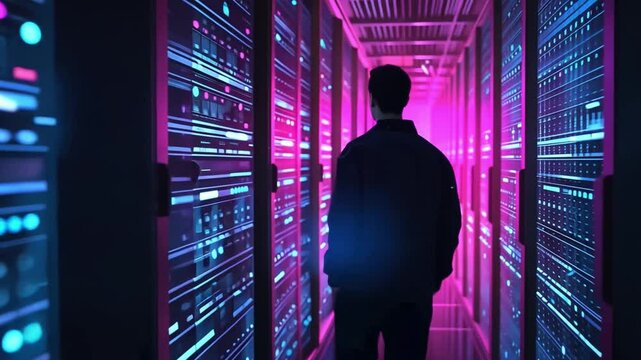 Amidst rows of illuminated server racks, an individual stands in a data center, observing the intricate array of wires and technology in the soft purple and blue lights.