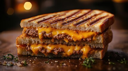 A hearty sandwich with cheese and beef on toasted bread, served on a wooden board.