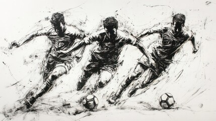 Fototapeta premium Dynamic Charcoal Sketch of Soccer Players in Motion Capturing Intensity and Passion for the Sport
