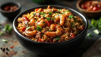 Fototapeta premium A bowl of shrimp and rice, garnished with cilantro.
