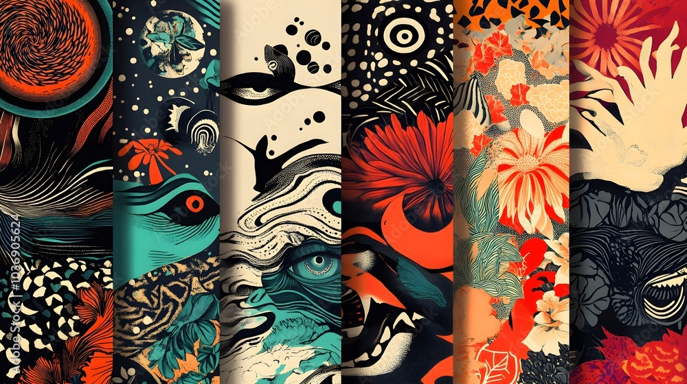 Poster a colorful collage of abstract shapes and patterns. the image is a vibrant and eclectic mix of vario