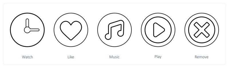 A set of 5 mix icons as watch, like, music
