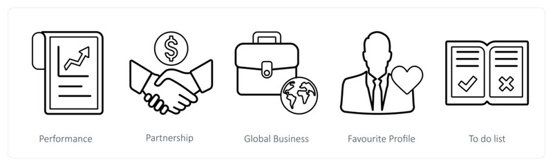 A set of 5 mix icons as performance, partnership, global business
