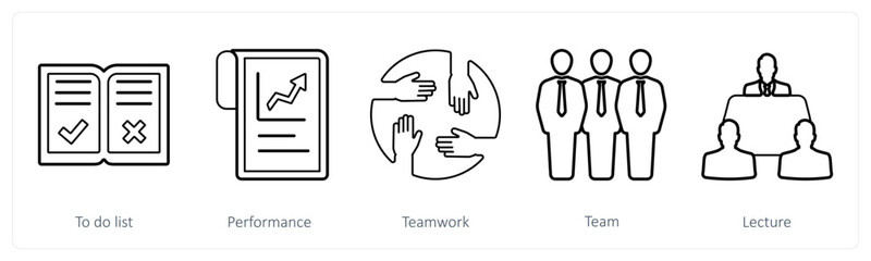A set of 5 mix icons as to do list, performance, teamwork