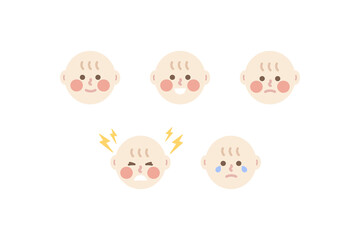 Newborn baby with different emotion set. Happy and sad crying child head. Healthcare, facial expressions, care concepts. Flat people character vector design isolated illustrations.