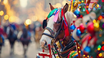 A horse-drawn carriage decorated with colorful ribbons at a festive holiday parade in a historic city center, City setting with festive decorations and historic landmarks, Photo of