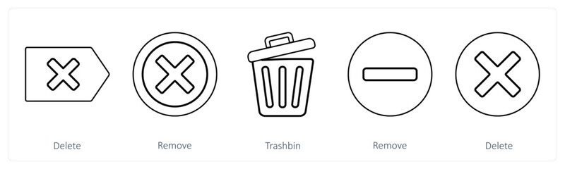 A set of 5 mix icons as delete, remove, trash bin