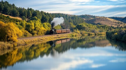 Fototapeta premium A vintage locomotive traveling along a winding river, with scenic views of trees and hills reflected in the calm water.