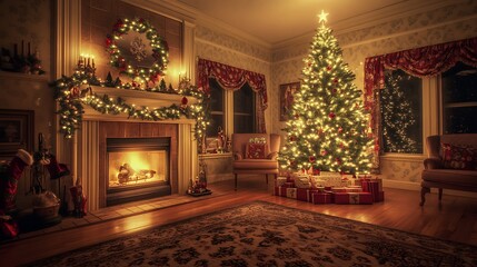 Intimate living room at night with a festive Christmas tree by a glowing fireplace casting soft light across the room