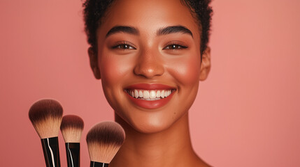 Young Transgender Model with Makeup Brushes and Vibrant Lipstick