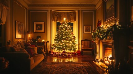 A serene holiday atmosphere in a dark living room with a Christmas tree and fireplace glowing softly in the night