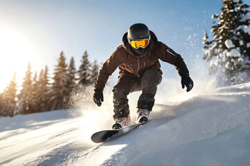 Snowboarder sliding down a snowy mountain slope in the sun