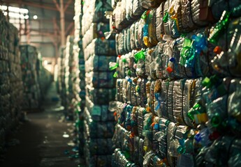 Stacked Bales of Recycled Plastic Bottles and Glass in Facility.