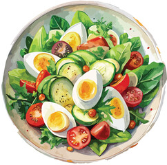 Boiled egg and fresh vegetable salad with herbs on white plate