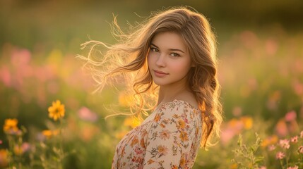 A whimsical outdoor portrait of a young woman with wind blowing through her hair, standing in a field of wildflowers, with the vibrant colors softly blurred in the background.