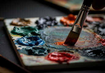 Fototapeta premium Colorful palette with paint and brush in an artist's studio during a creative afternoon session