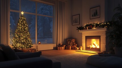 A serene night scene in a cozy living room with a glowing Christmas tree and a crackling fire in the fireplace