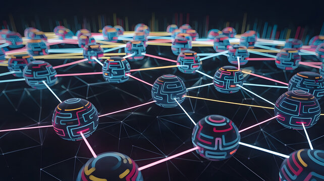 Abstract network nodes connected with neon lines, symbolizing business communication and digital networking. ( Business Concept )