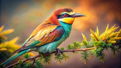 Obraz premium Vintage-inspired photography showcasing the stunning Male European Bee-eater, Merops apiaster, perched gracefully on branches, beautifully highlighting the essence of wildlife and birdwatching.