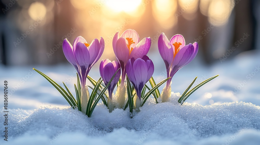 Poster purple crocuses blooming through patch of snow creating a striking visual of winter fading into spri
