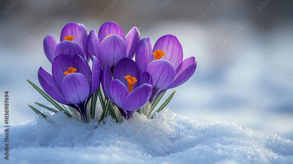 Poster purple crocuses blooming through patch of snow creating a striking visual of winter fading into spri
