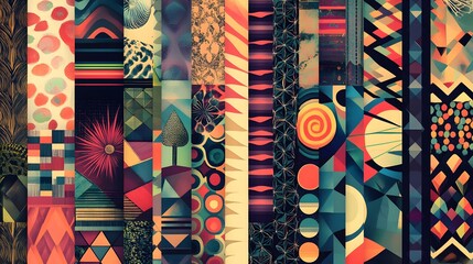 A colorful collage of abstract shapes and patterns. The image is a vibrant and eclectic mix of various shapes and colors, creating a sense of energy and movement. Scene is one of creativity