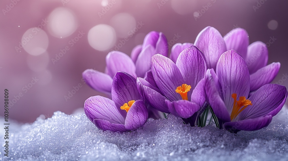 Poster purple crocuses blooming through patch of snow creating a striking visual of winter fading into spri