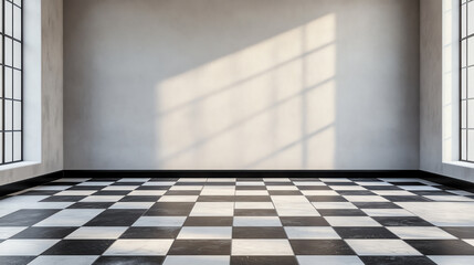 A modern interior scene featuring a spacious room with a checkered floor and large windows casting shadows on the walls.