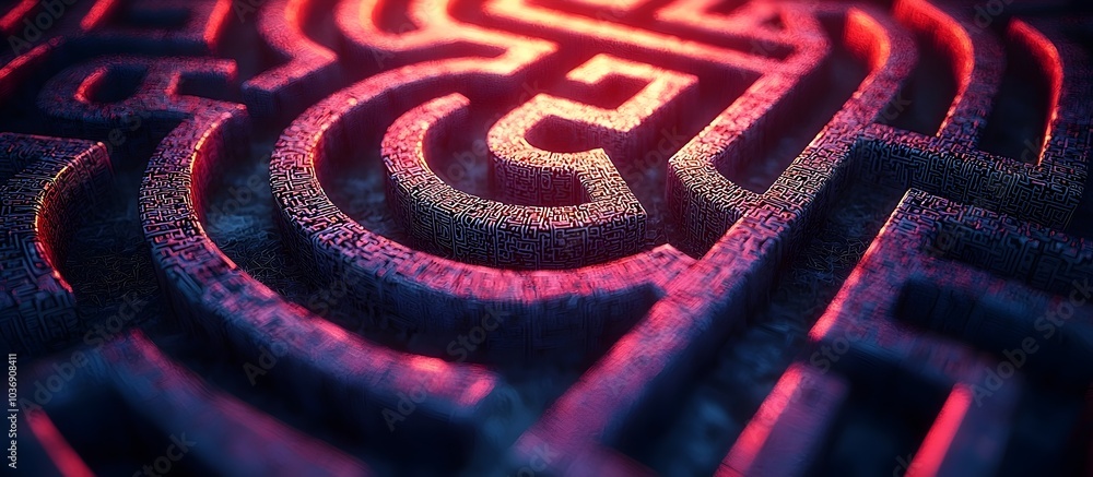 Poster an intricate, glowing maze pattern featuring intertwined lines in vibrant red and blue hues, set aga